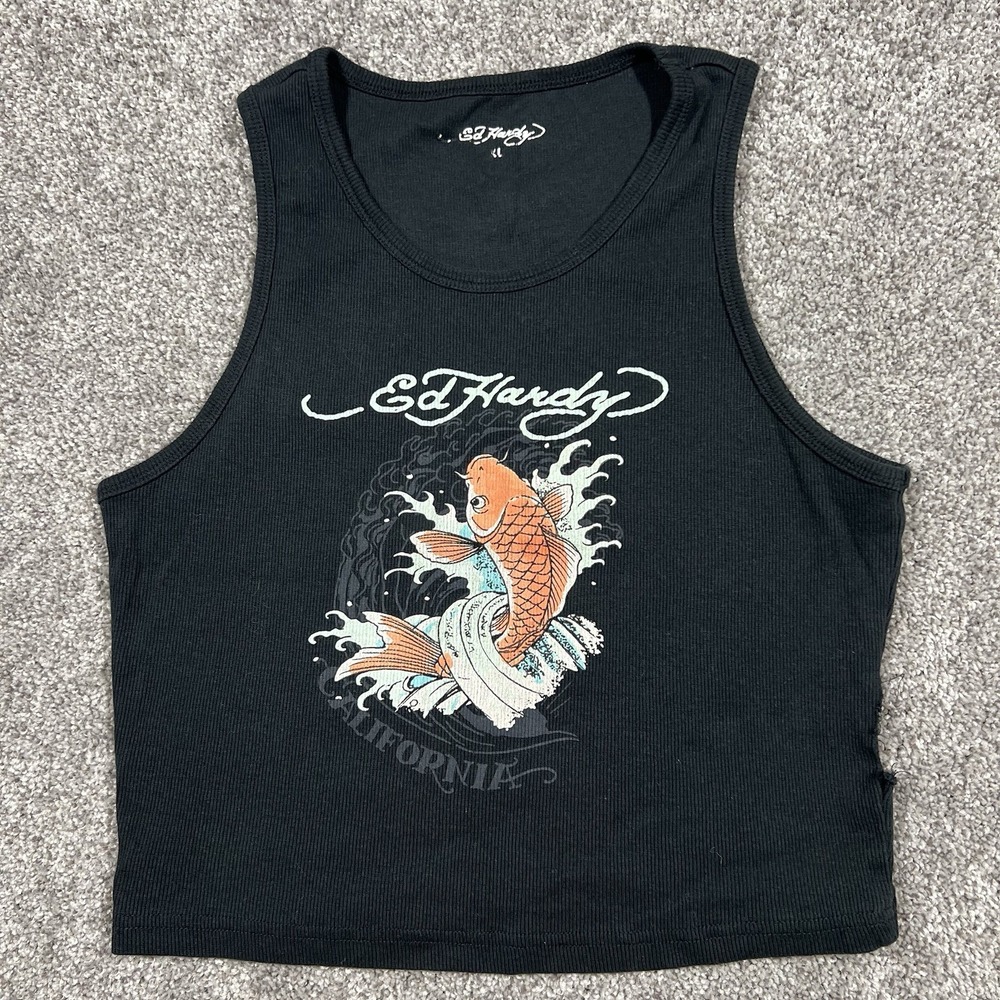 Ed Hardy Y2K Ribbed Graphic Black Cropped Tank Top Size XL Fits XS California